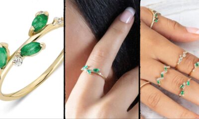 Split image showcasing a stunning emerald wedding band intertwined with gold rings adorned with green gemstones and diamonds. A close-up reveals a ring gracefully placed on a finger, alongside multiple rings accentuating a hand with perfectly manicured nails.