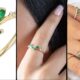 Split image showcasing a stunning emerald wedding band intertwined with gold rings adorned with green gemstones and diamonds. A close-up reveals a ring gracefully placed on a finger, alongside multiple rings accentuating a hand with perfectly manicured nails.