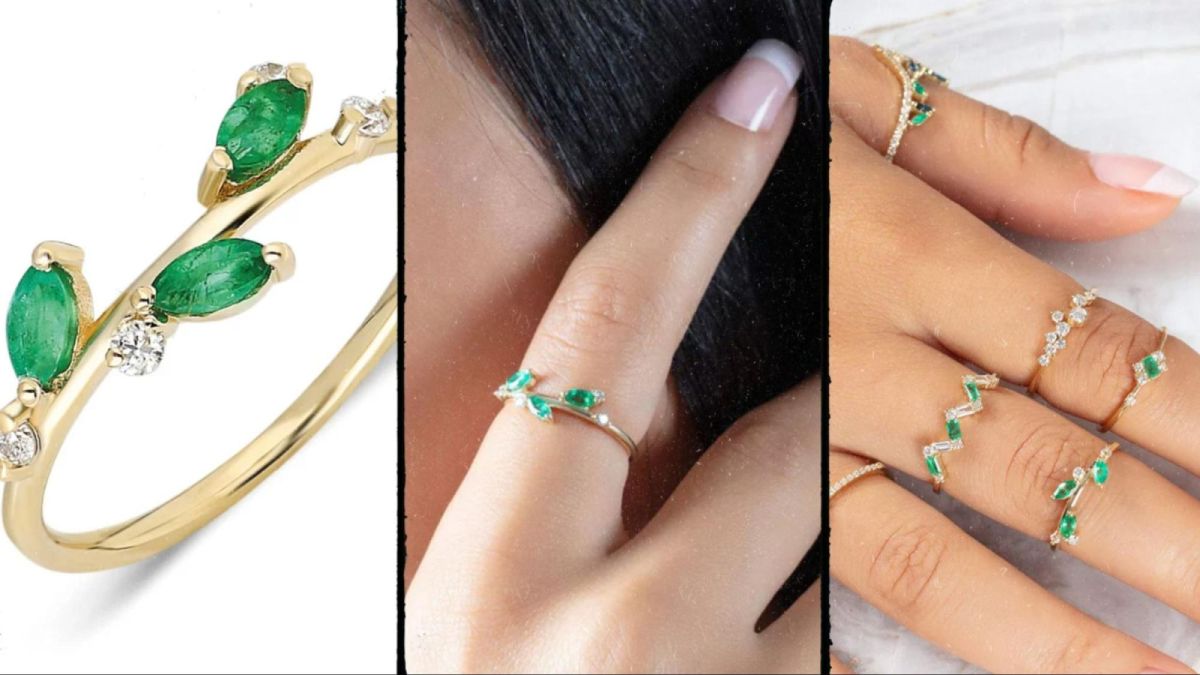 Split image showcasing a stunning emerald wedding band intertwined with gold rings adorned with green gemstones and diamonds. A close-up reveals a ring gracefully placed on a finger, alongside multiple rings accentuating a hand with perfectly manicured nails.